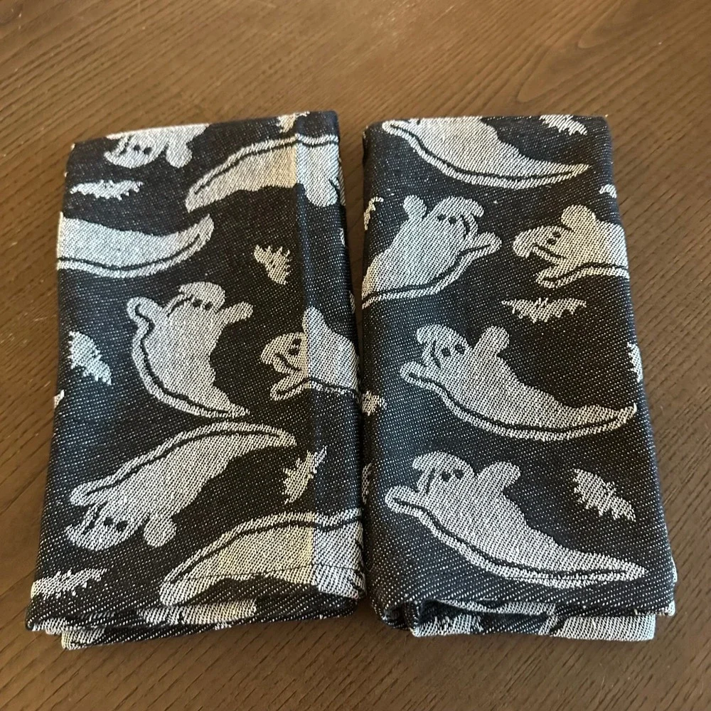 2 Halloween Ghost & Bat Cloth Napkins‎ 20'' Black White Spooky Table Decor